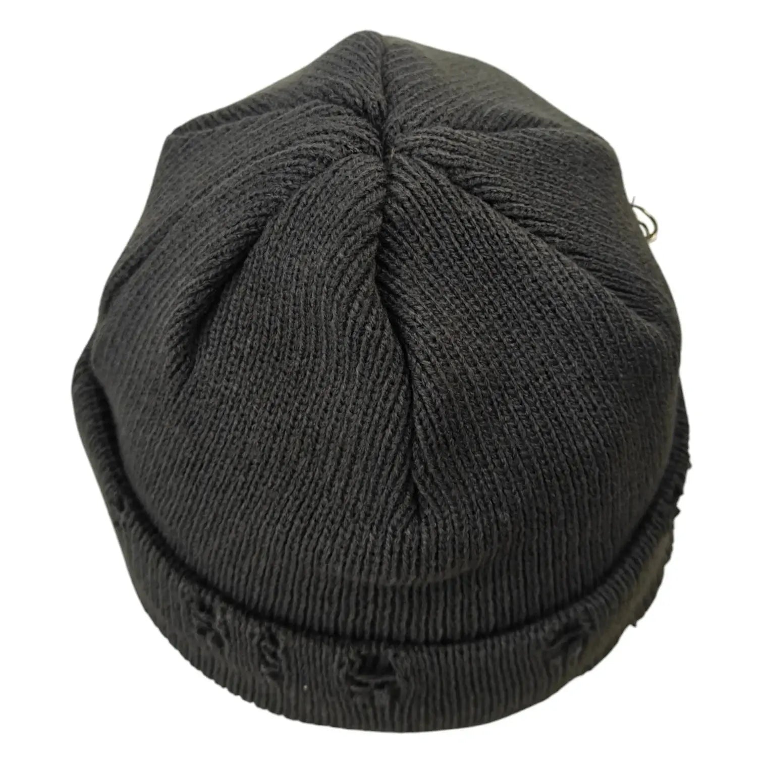 Grey Distressed Fisherman Beanie with Piercings and Safe Pin