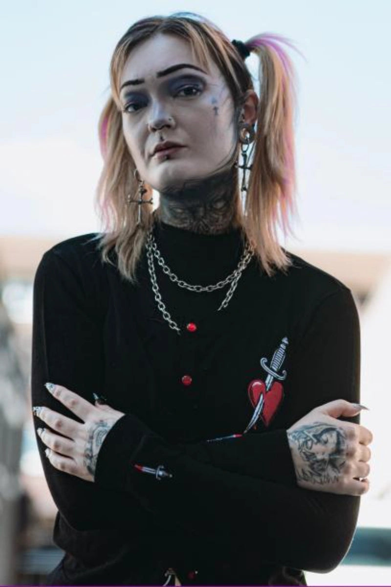 Ro Rox Heart & Dagger Cardigan - Goth Embroidery Knit Top