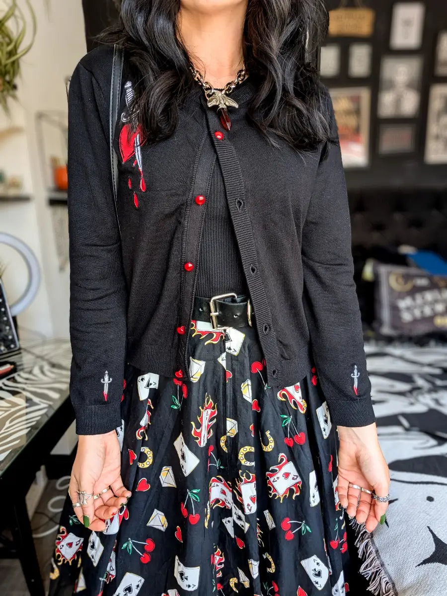 Ro Rox Heart & Dagger Cardigan - Goth Embroidery Knit Top