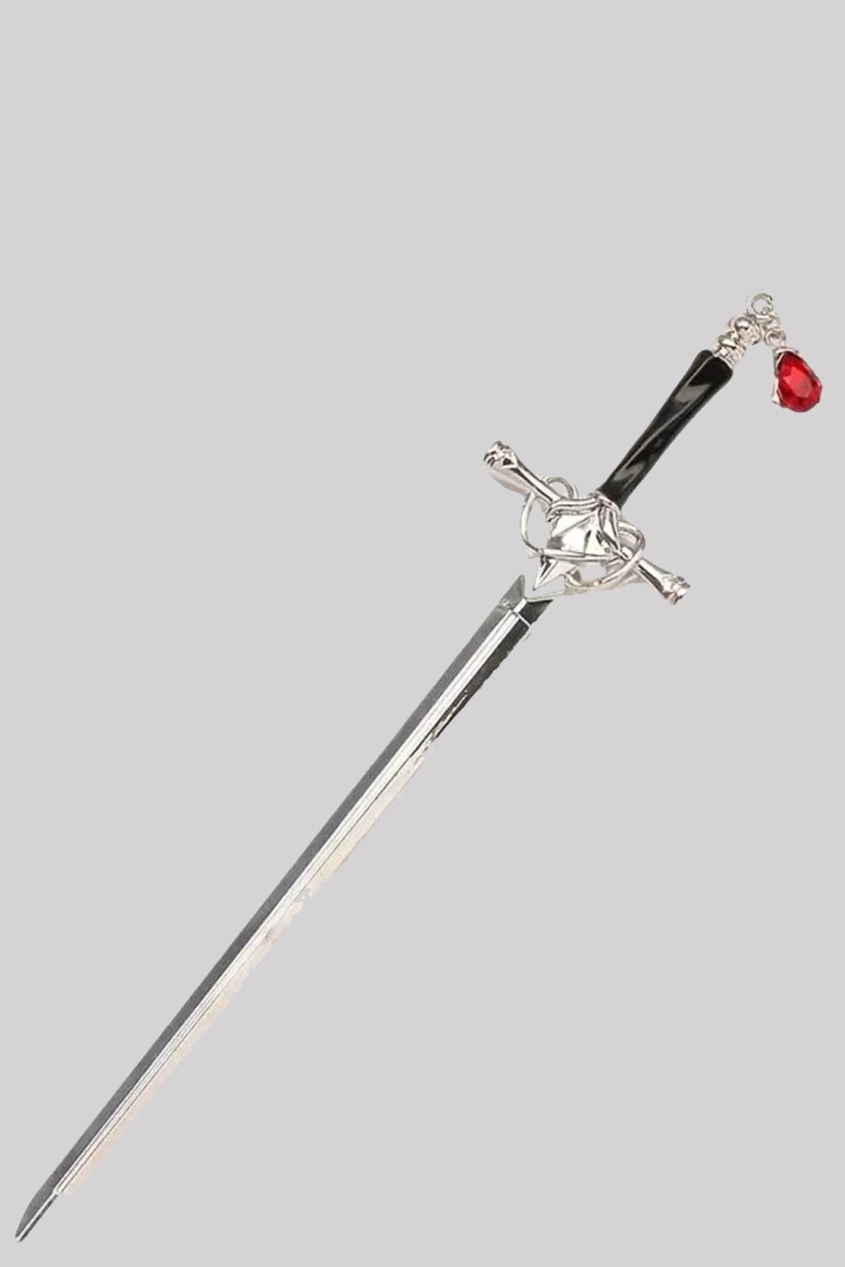 Crimson Blade Ruby Hair Pin – Gothic Silver Sword Hair Accessory