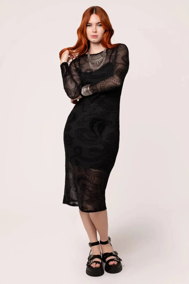 Hell Bunny Snake Charmer Dress – Gothic Black Mesh Midi