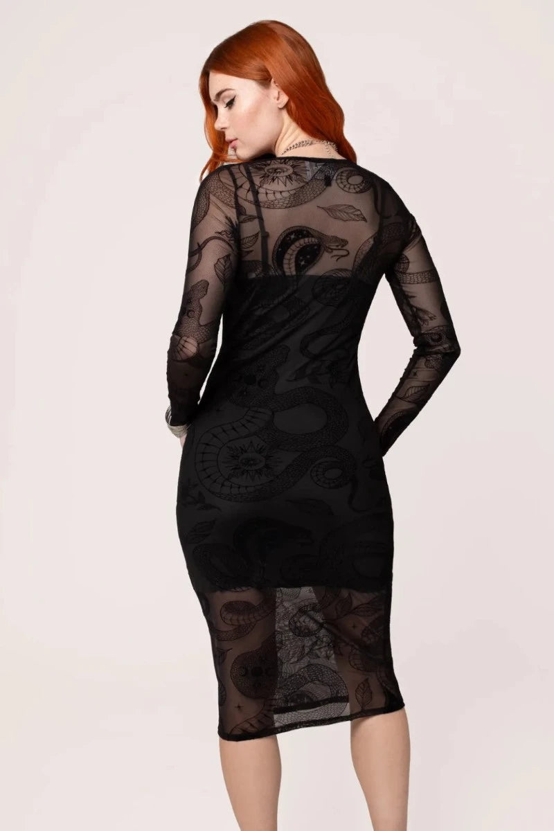 Hell Bunny Snake Charmer Dress – Gothic Black Mesh Midi