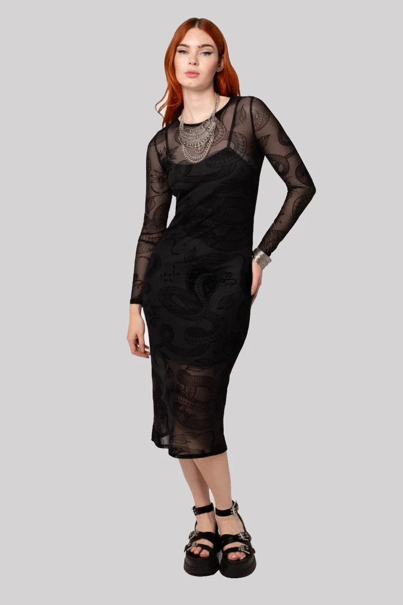 Hell Bunny Snake Charmer Dress – Gothic Black Mesh Midi