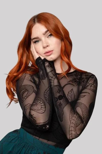 Hell Bunny Snake Charmer Top Gothic Mesh Snake Print Blouse
