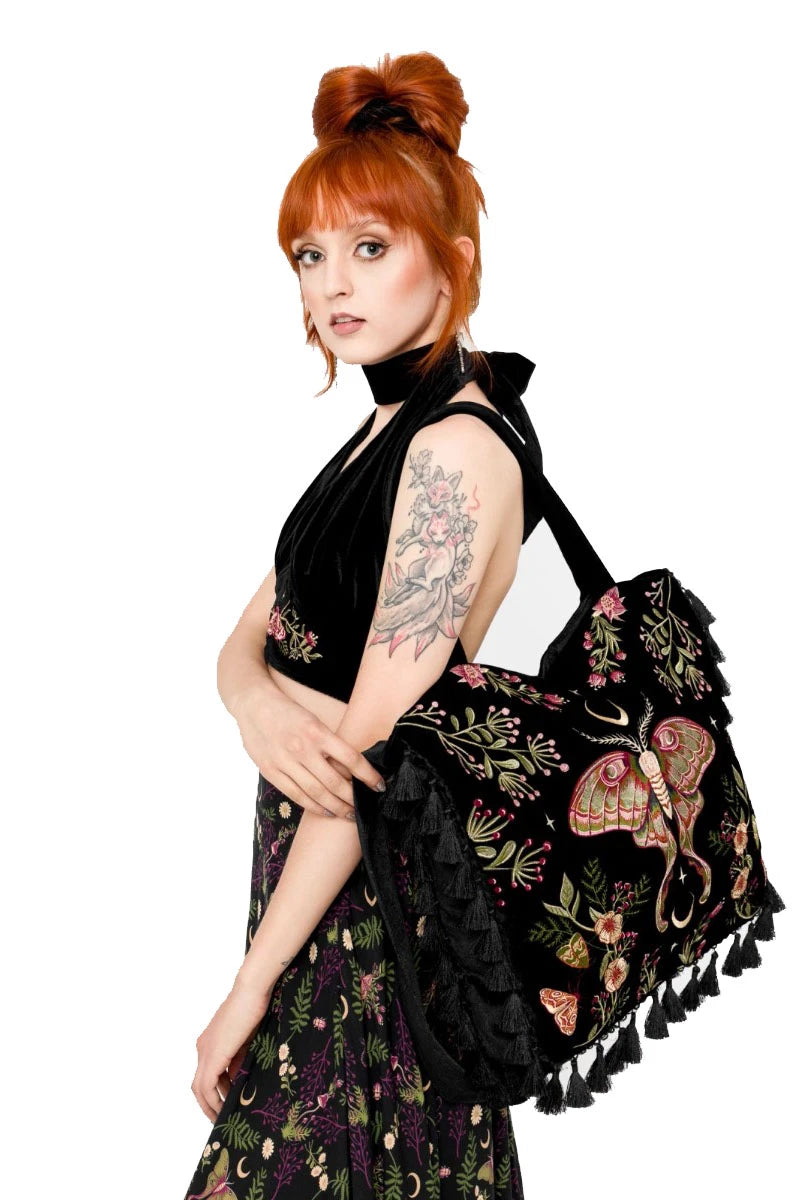 Restyle Wilderwood Velvet Bag – Gothic Moth Embroidered Tote