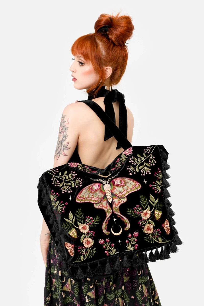 Restyle Wilderwood Velvet Bag – Gothic Moth Embroidered Tote