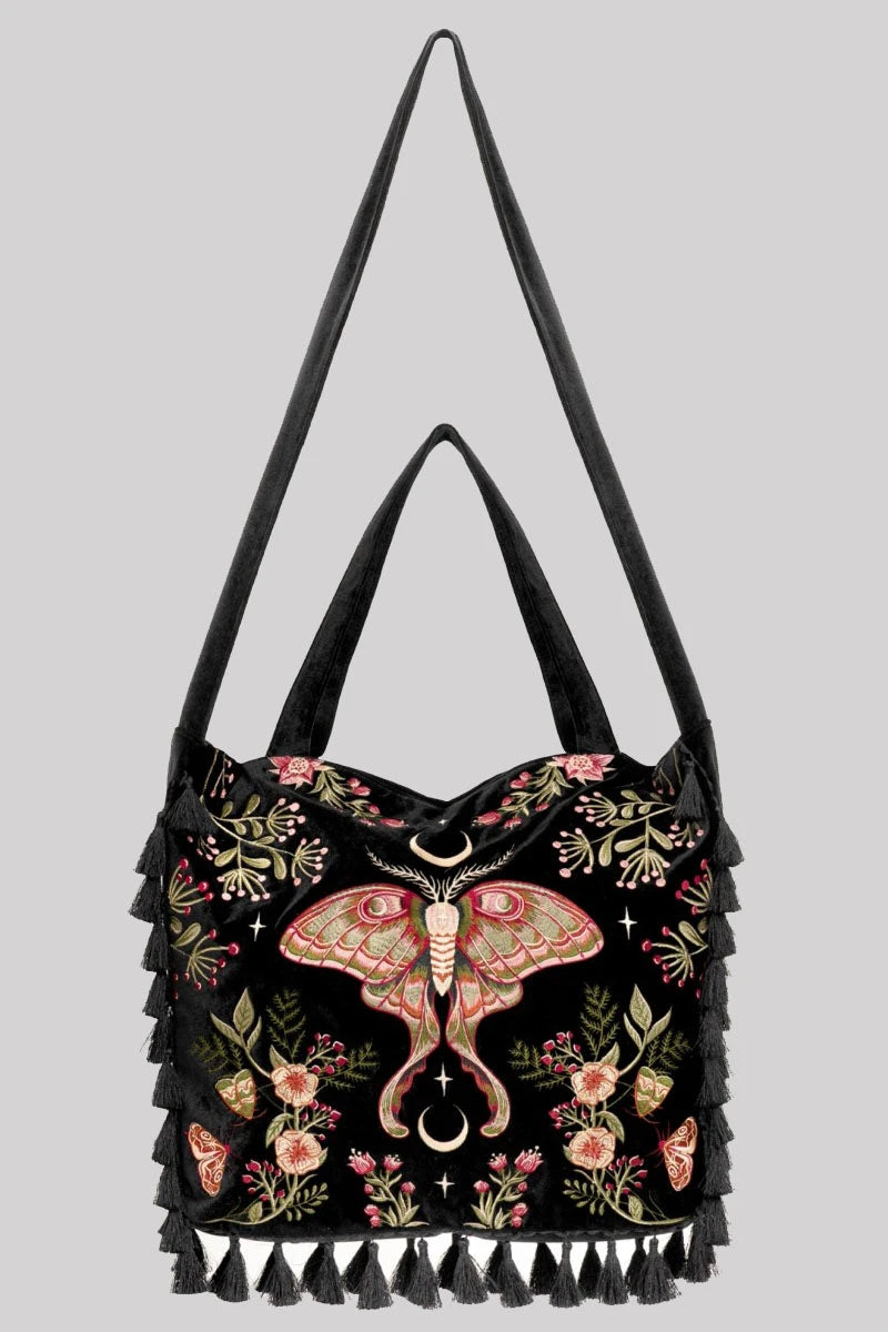 Restyle Wilderwood Velvet Bag – Gothic Moth Embroidered Tote
