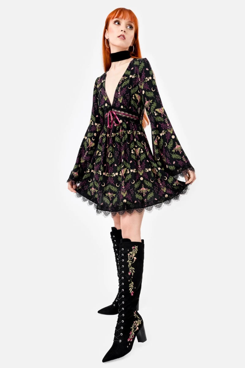 Restyle Wilderwood Mini Dress – Witchy Floral Bell Sleeve