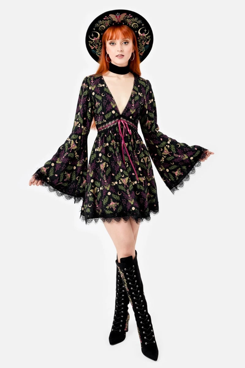 Restyle Wilderwood Mini Dress – Witchy Floral Bell Sleeve