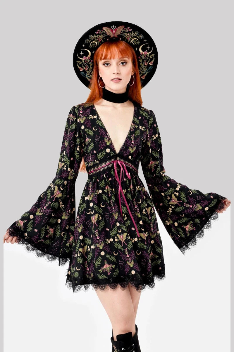 Restyle Wilderwood Mini Dress – Witchy Floral Bell Sleeve