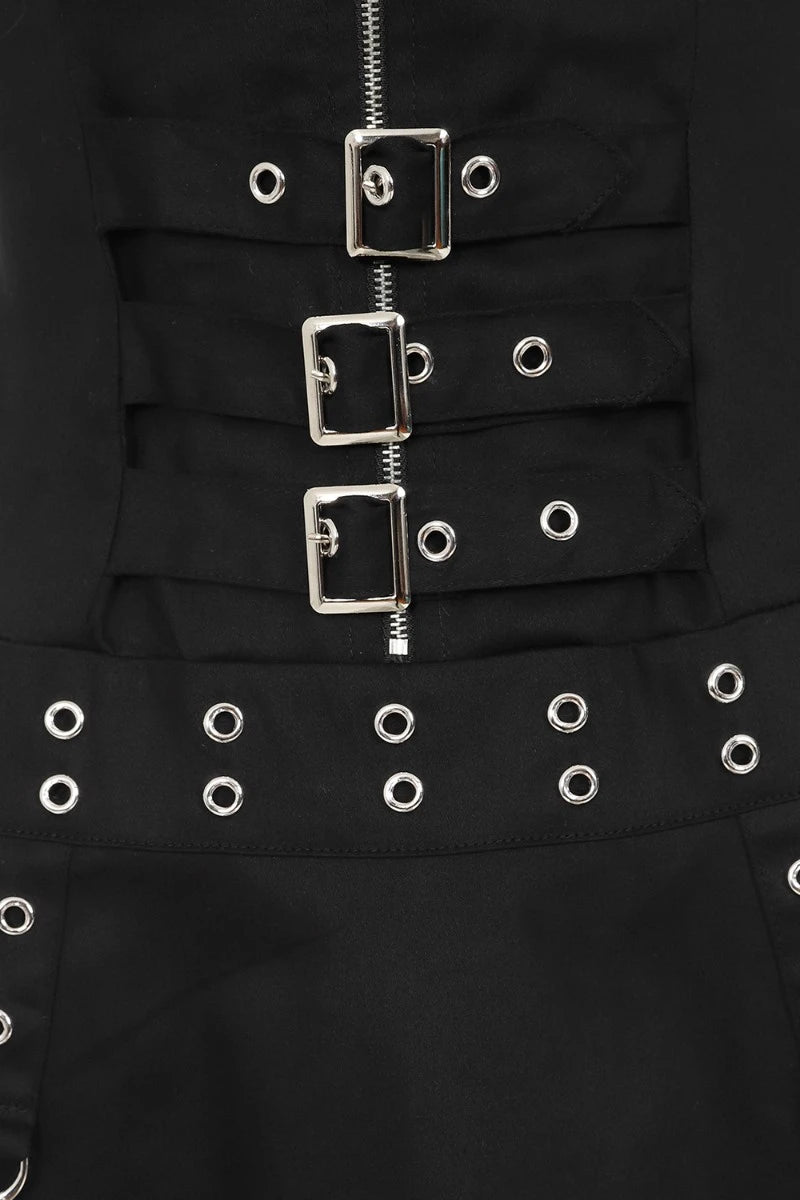 Banned Astrid Dress - Black Sleeveless Dress, Eyelet Buckles