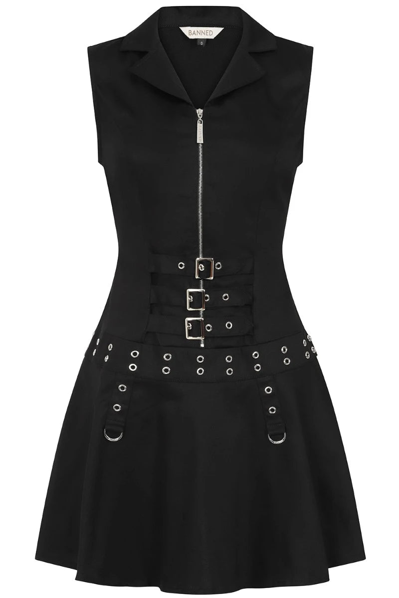 Banned Astrid Dress - Black Sleeveless Dress, Eyelet Buckles