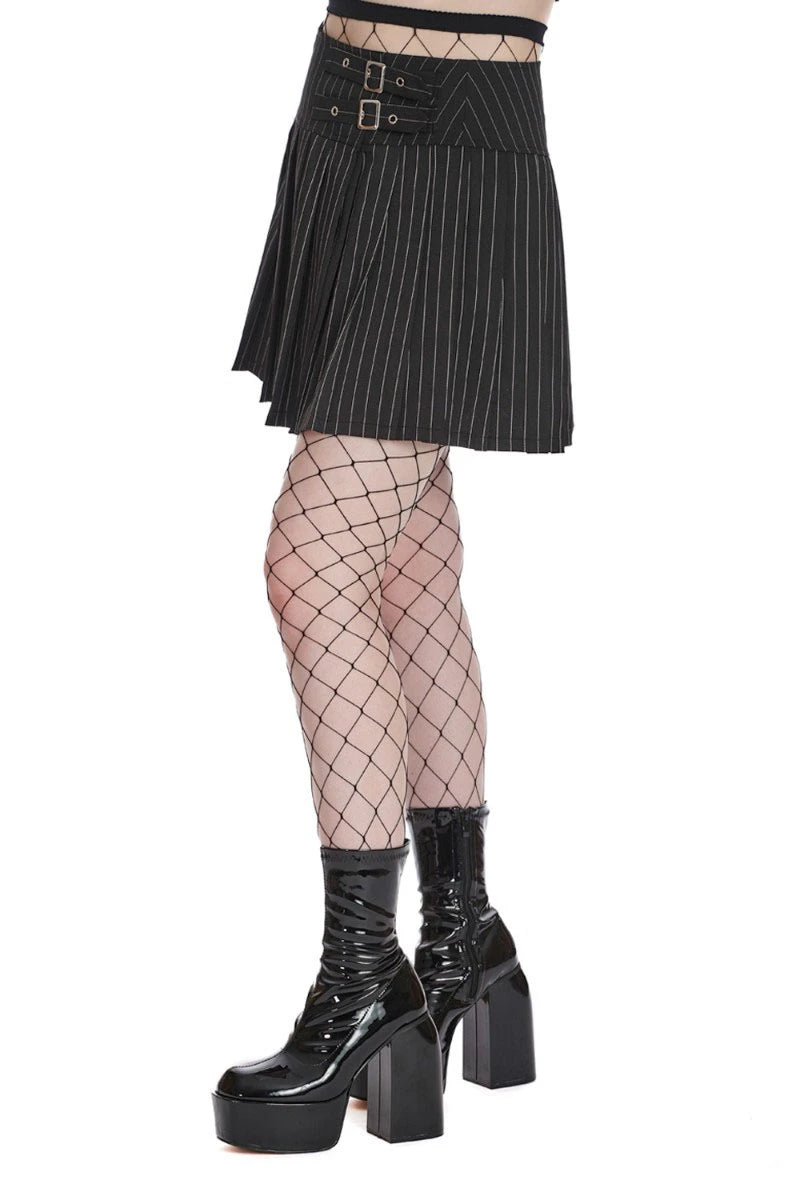 Banned Pinstripe Skater Skirt - Pleats, Buckle Waist, Gothic