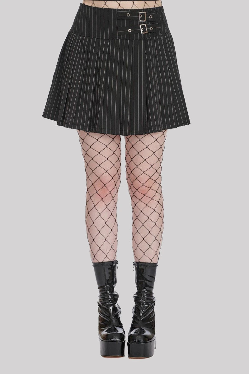 Banned Pinstripe Skater Skirt - Pleats, Buckle Waist, Gothic