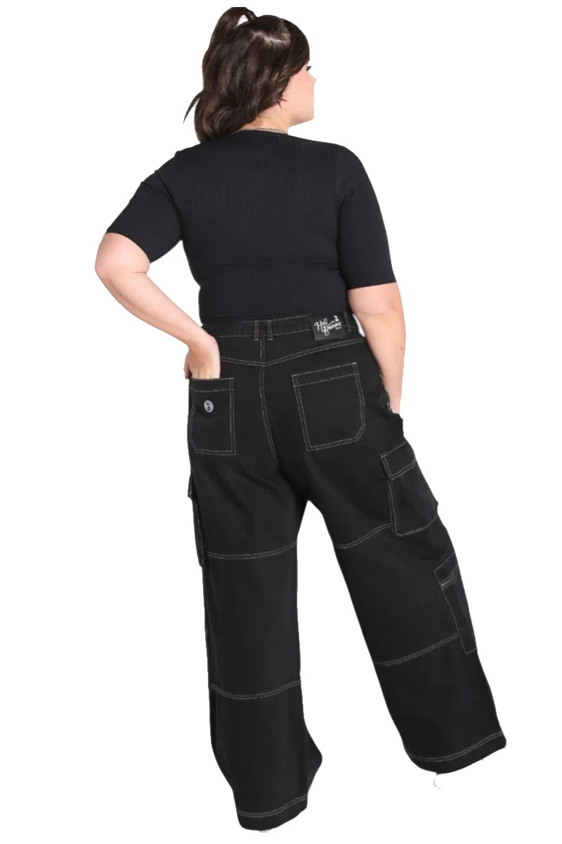 Hell Bunny Cameron Jeans Wide Leg Cargo Black Denim Pants