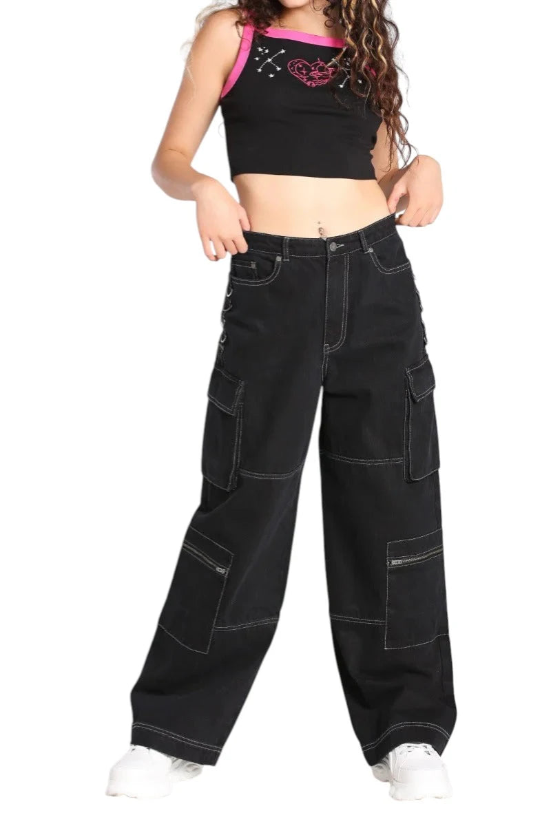 Hell Bunny Cameron Jeans Wide Leg Cargo Black Denim Pants