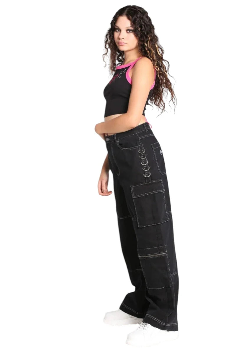 Hell Bunny Cameron Jeans Wide Leg Cargo Black Denim Pants