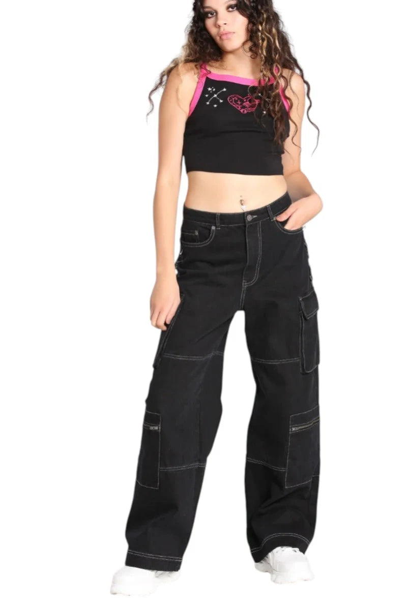 Hell Bunny Cameron Jeans Wide Leg Cargo Black Denim Pants