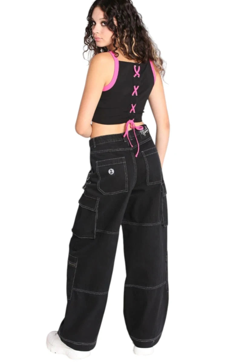 Hell Bunny Cameron Jeans Wide Leg Cargo Black Denim Pants