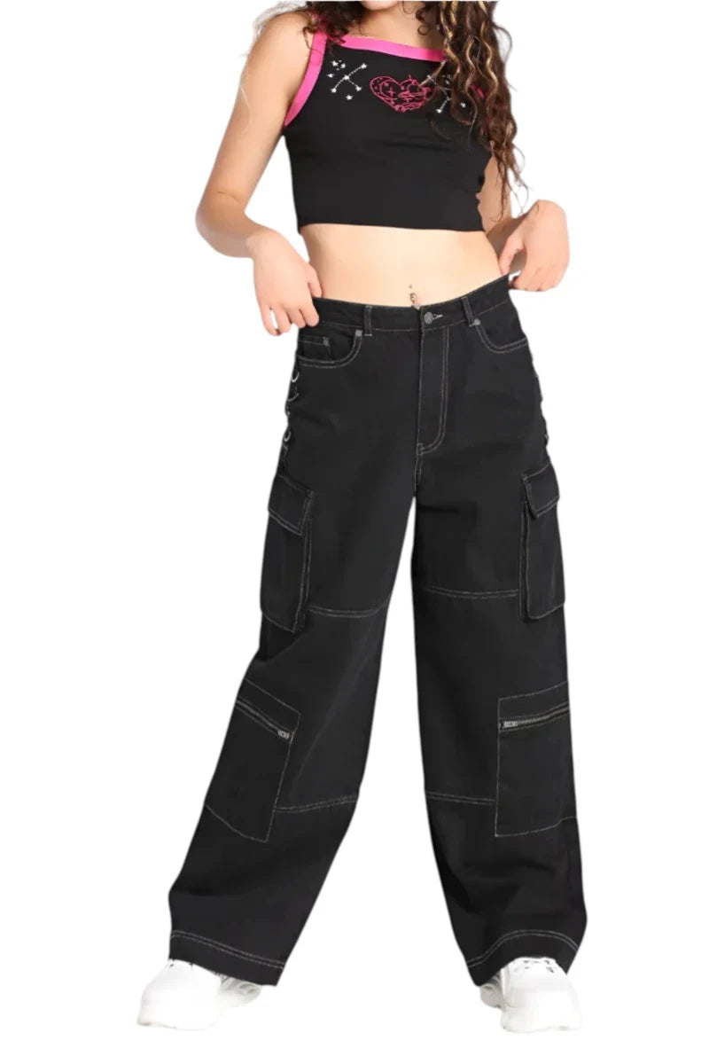 Hell Bunny Cameron Jeans Wide Leg Cargo Black Denim Pants