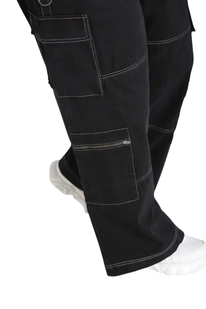 Hell Bunny Cameron Jeans Wide Leg Cargo Black Denim Pants