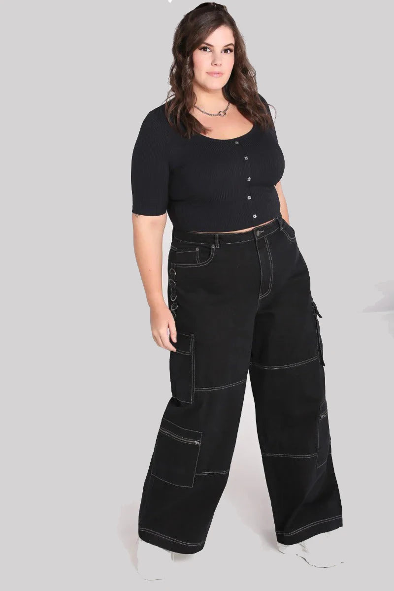 Hell Bunny Cameron Jeans Wide Leg Cargo Black Denim Pants