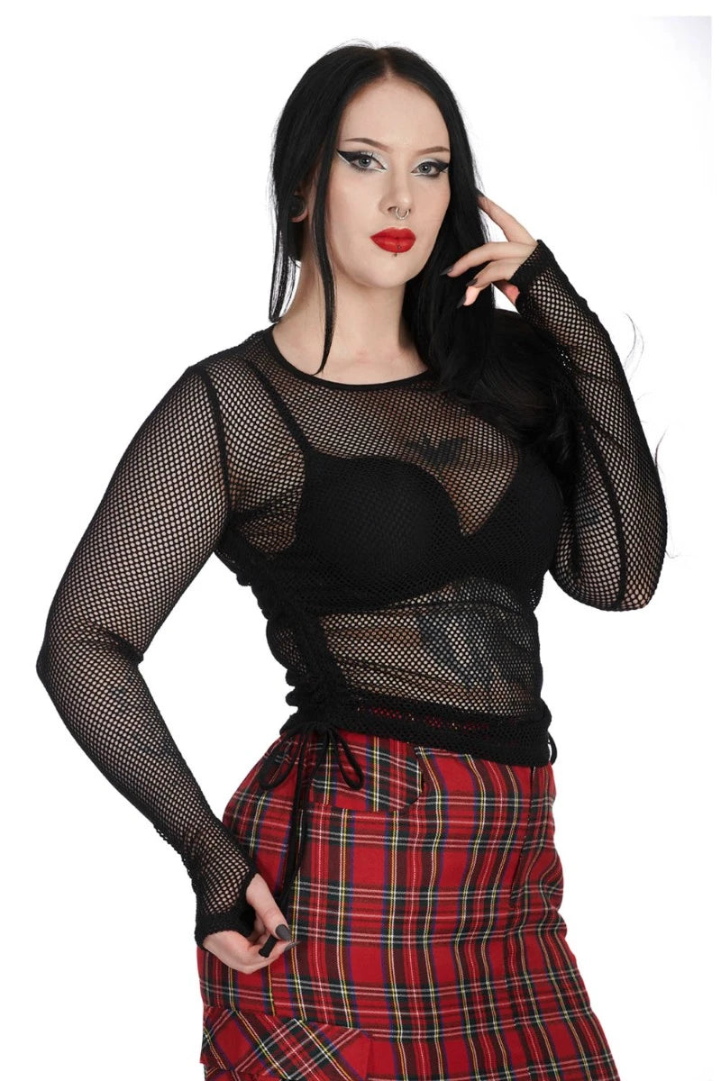 Banned Groove Elegy Top - Black Fishnet Long Sleeve Mesh Tee