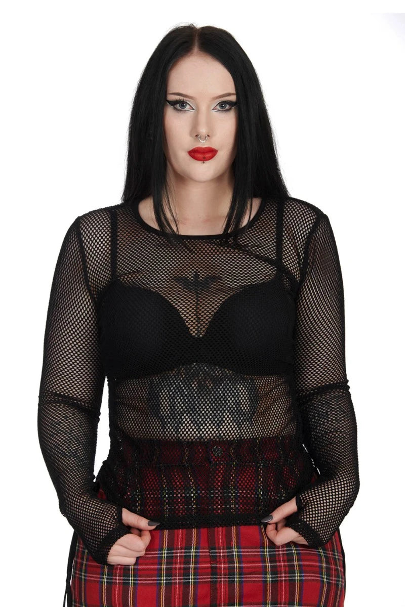 Banned Groove Elegy Top - Black Fishnet Long Sleeve Mesh Tee