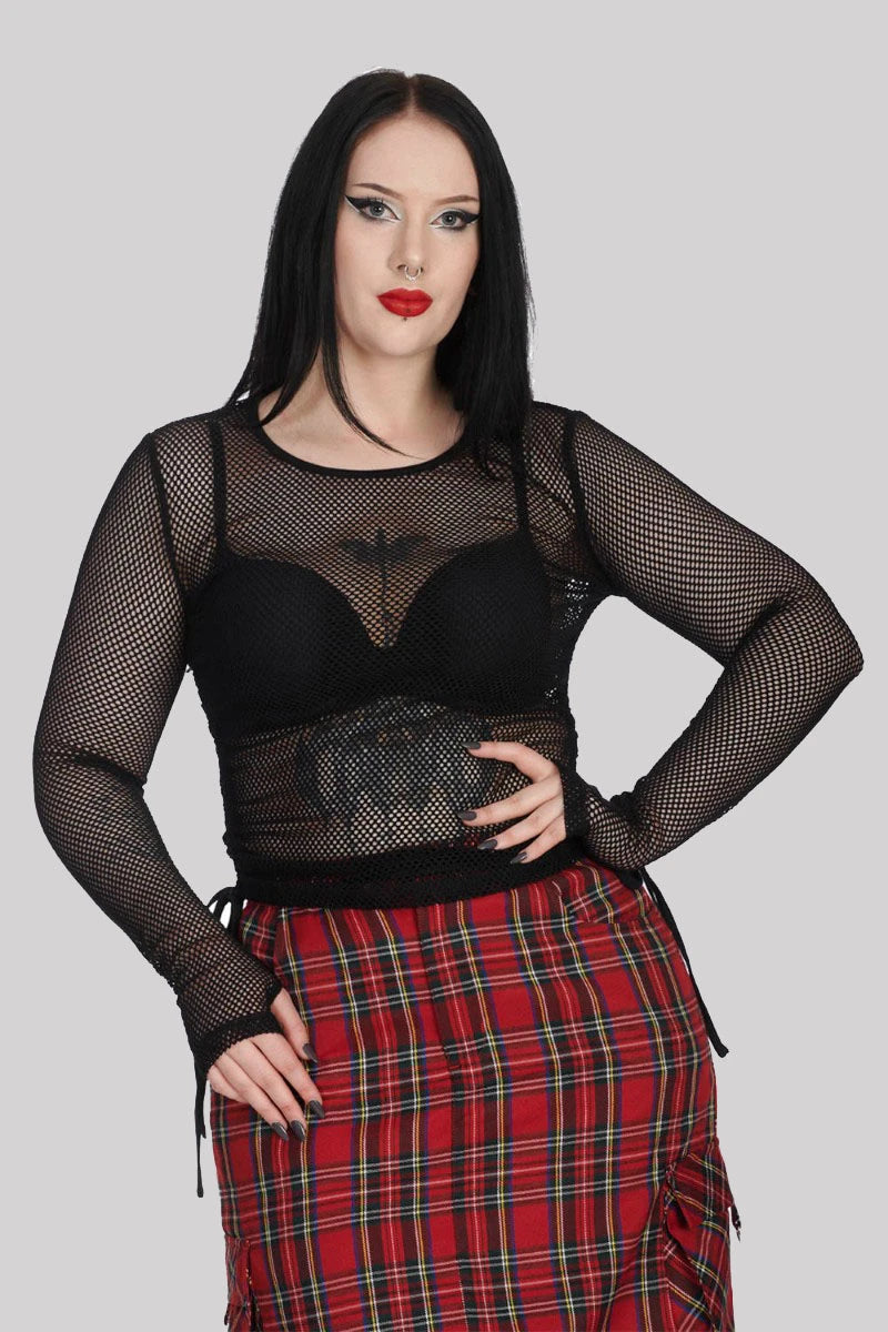 Banned Groove Elegy Top - Black Fishnet Long Sleeve Mesh Tee