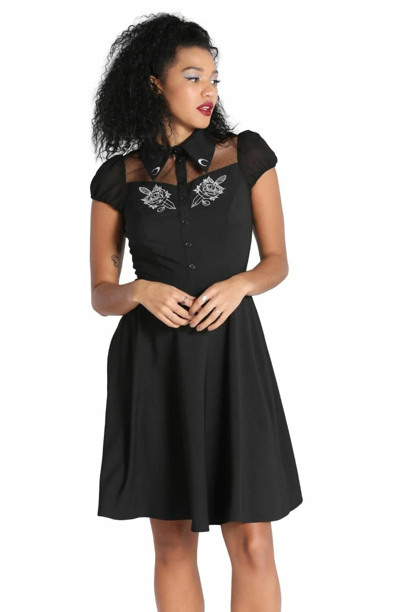 HELL BUNNY ROESIA GOTHIC SKULL EMBROIDERED POLKA DOT DRESS