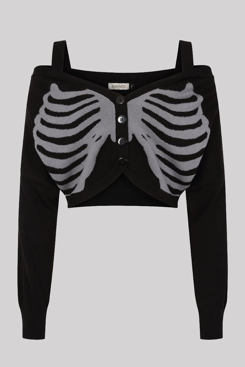 Banned Ligeia Knitted Cardigan - Gothic Skeleton Ribcage Top
