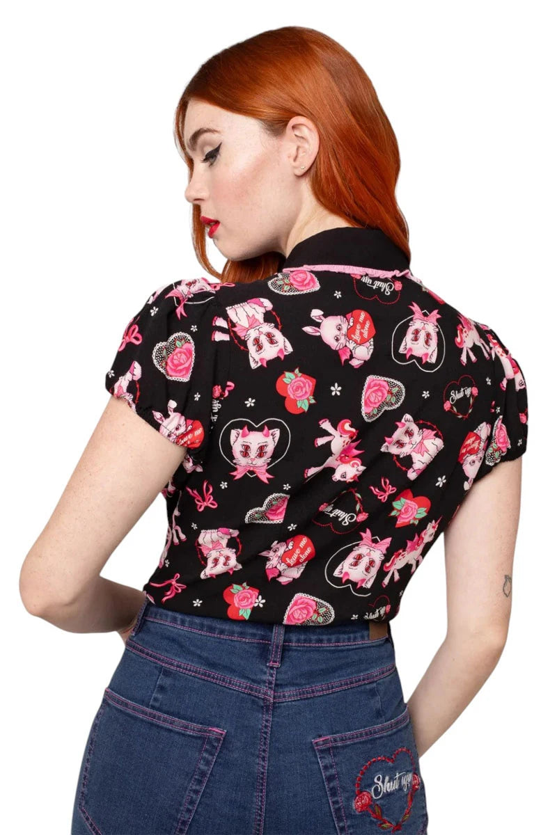 Hell Bunny Not Into You Blouse Black & Pink Retro Print Top