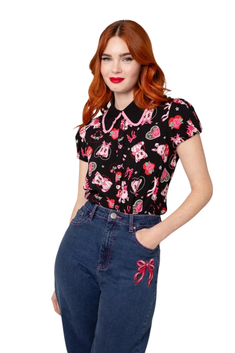 Hell Bunny Not Into You Blouse Black & Pink Retro Print Top