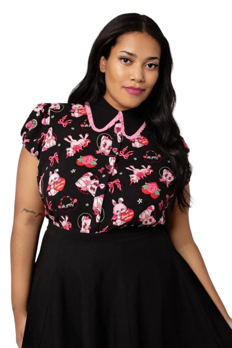 Hell Bunny Not Into You Blouse Black & Pink Retro Print Top