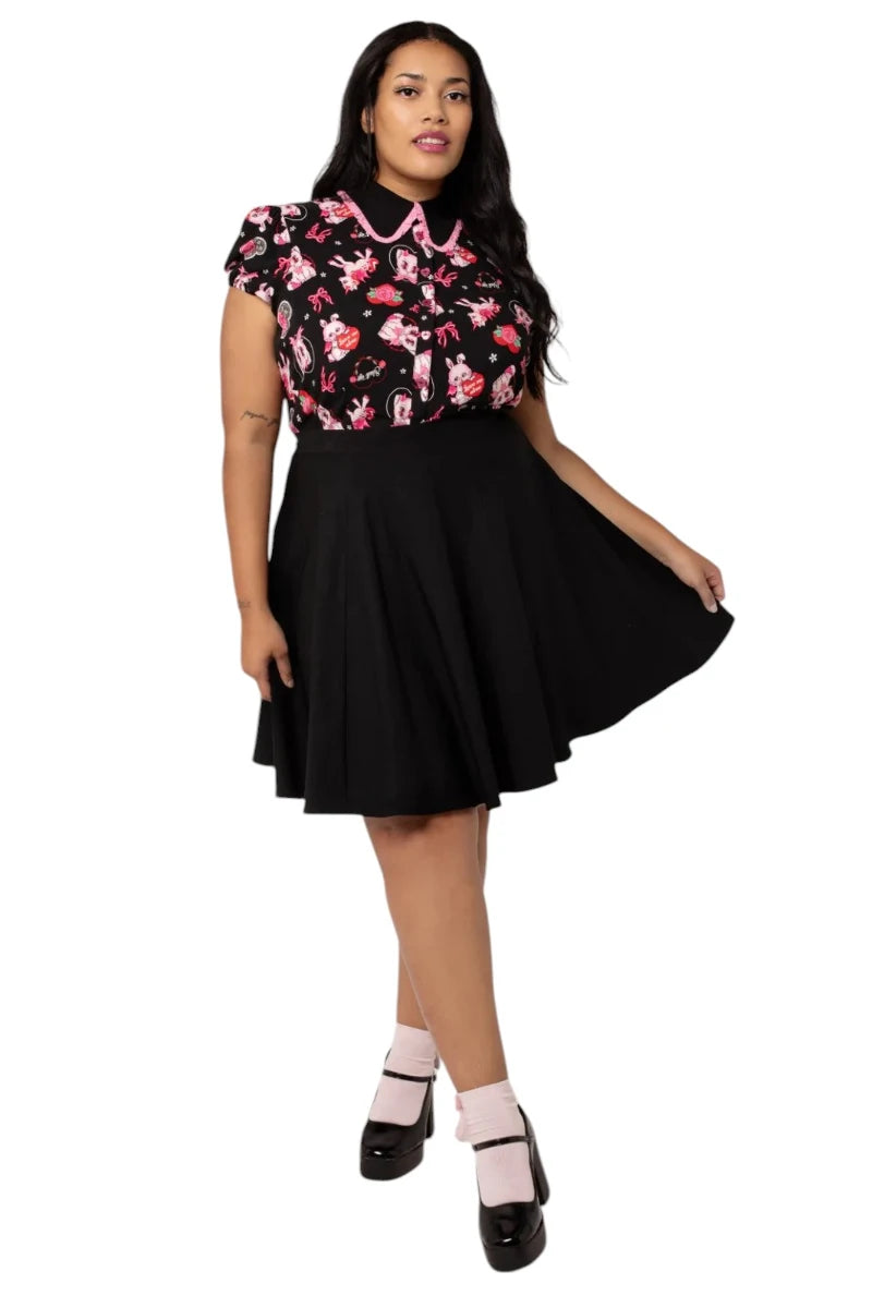 Hell Bunny Not Into You Blouse Black & Pink Retro Print Top
