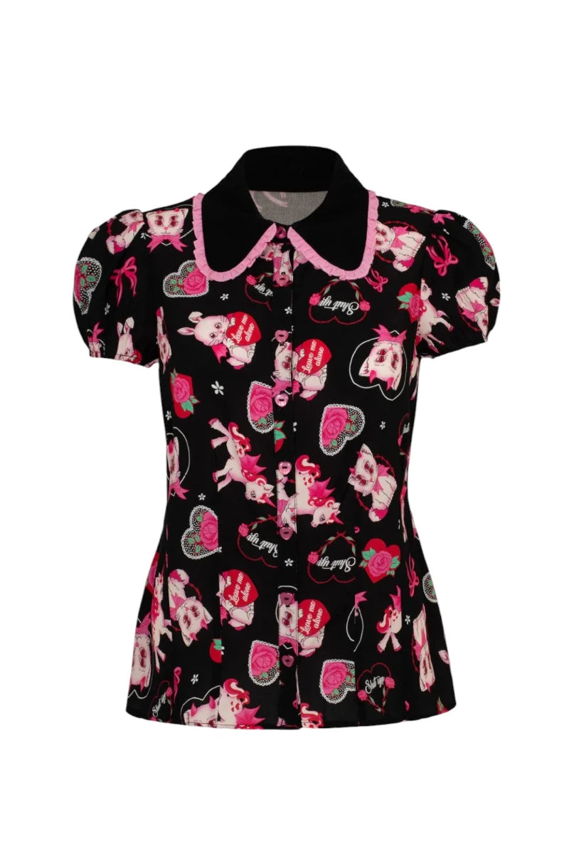 Hell Bunny Not Into You Blouse Black & Pink Retro Print Top