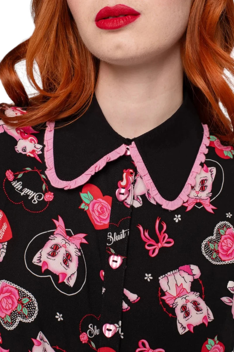 Hell Bunny Not Into You Blouse Black & Pink Retro Print Top