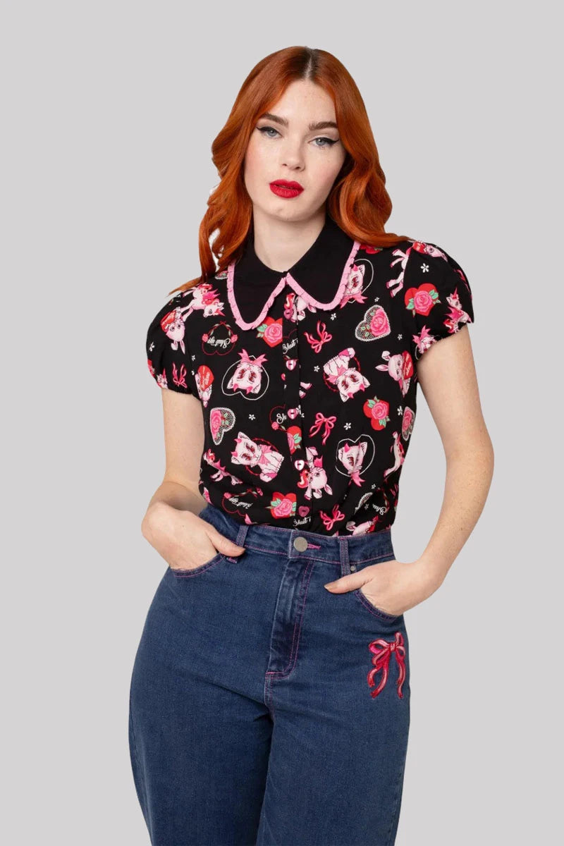 Hell Bunny Not Into You Blouse Black & Pink Retro Print Top