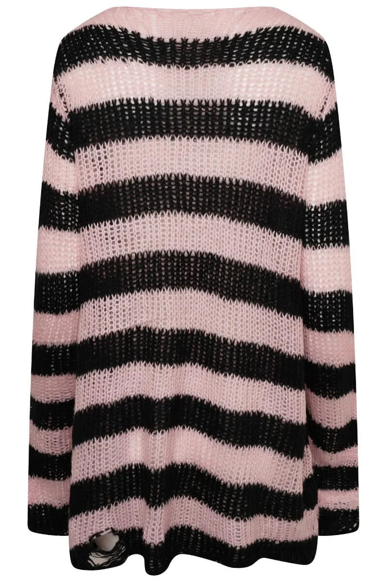 Ro Rox Ryot Oversized Stripe Grunge Distressed Jumper, Pink Ro Rox