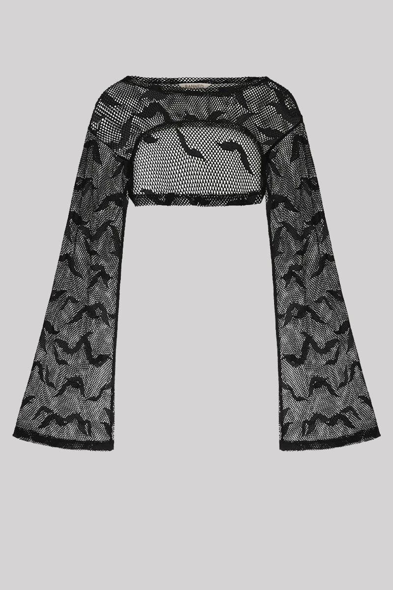 Banned Selena Top – Black Fishnet Mesh Bell Sleeve Crop