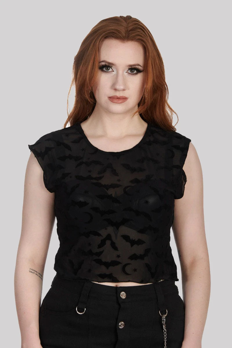 Black Sinead Bats Top – Gothic Mesh Crop Tee with Bat Moon