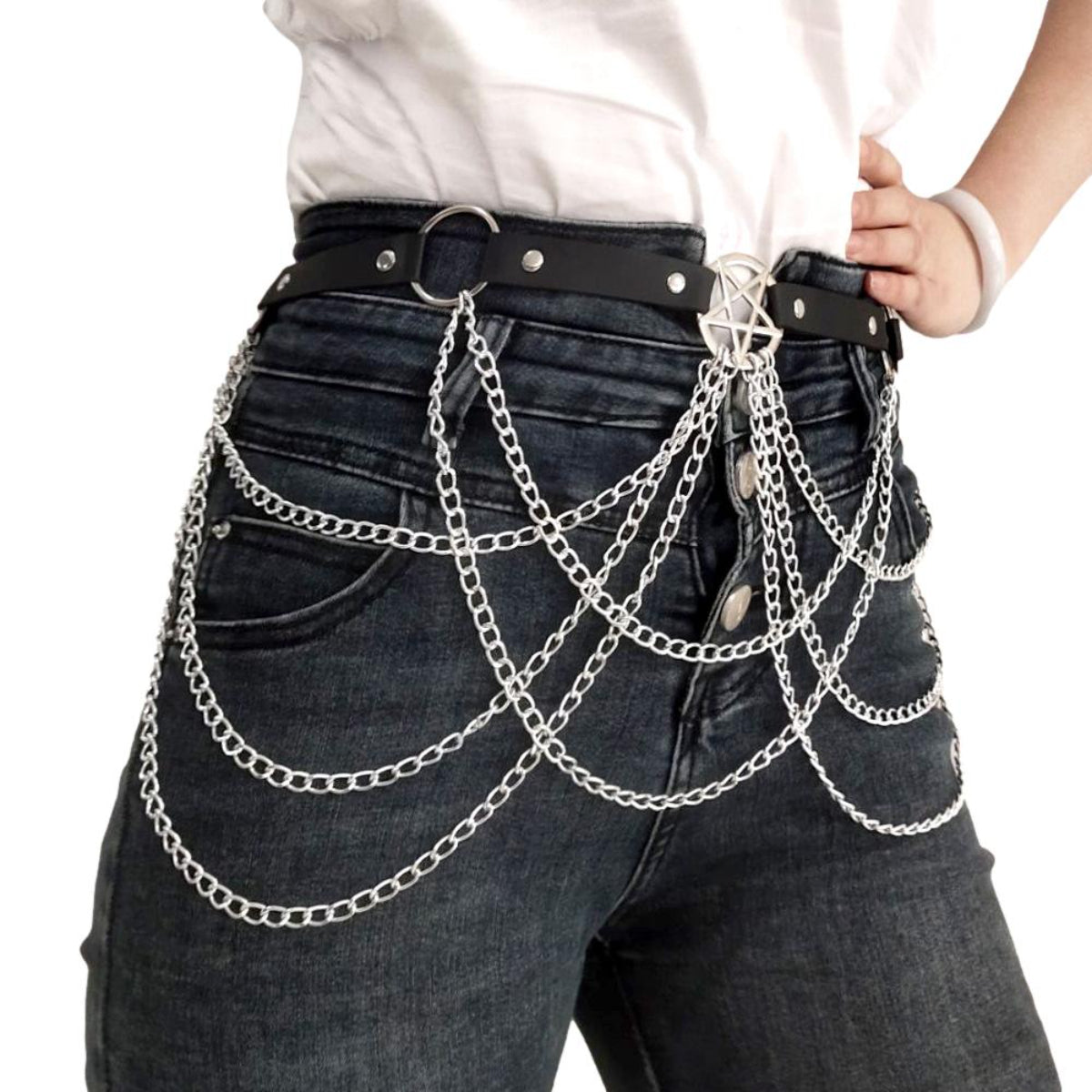 Ro Rox Pentagram Triple Chain Faux Leather Belt