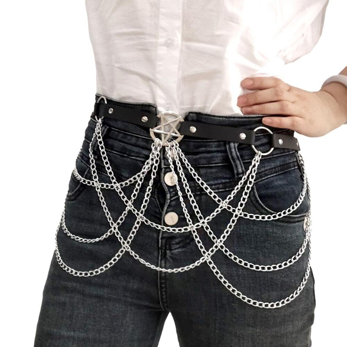 Ro Rox Pentagram Triple Chain Faux Leather Belt