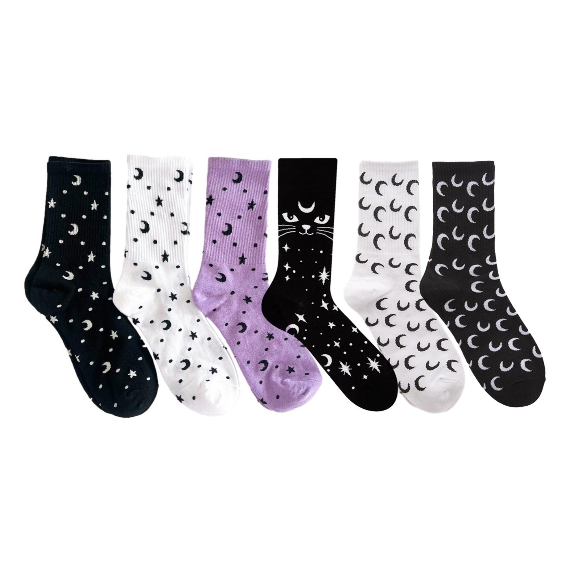Ro Rox Crescent Moon Celestial White Black Ribbed Crew Socks