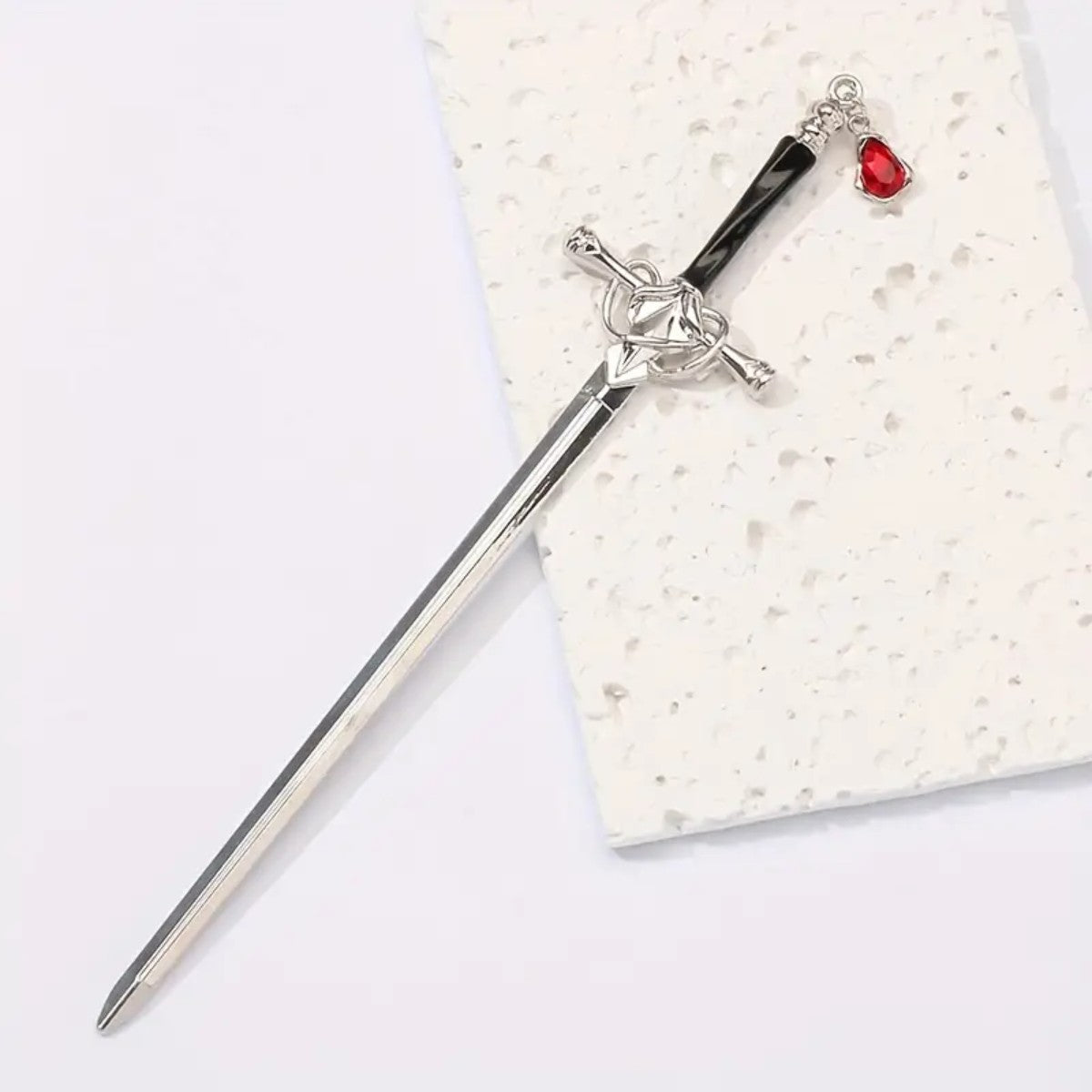 Crimson Blade Ruby Hair Pin – Gothic Silver Sword Hair Accessory