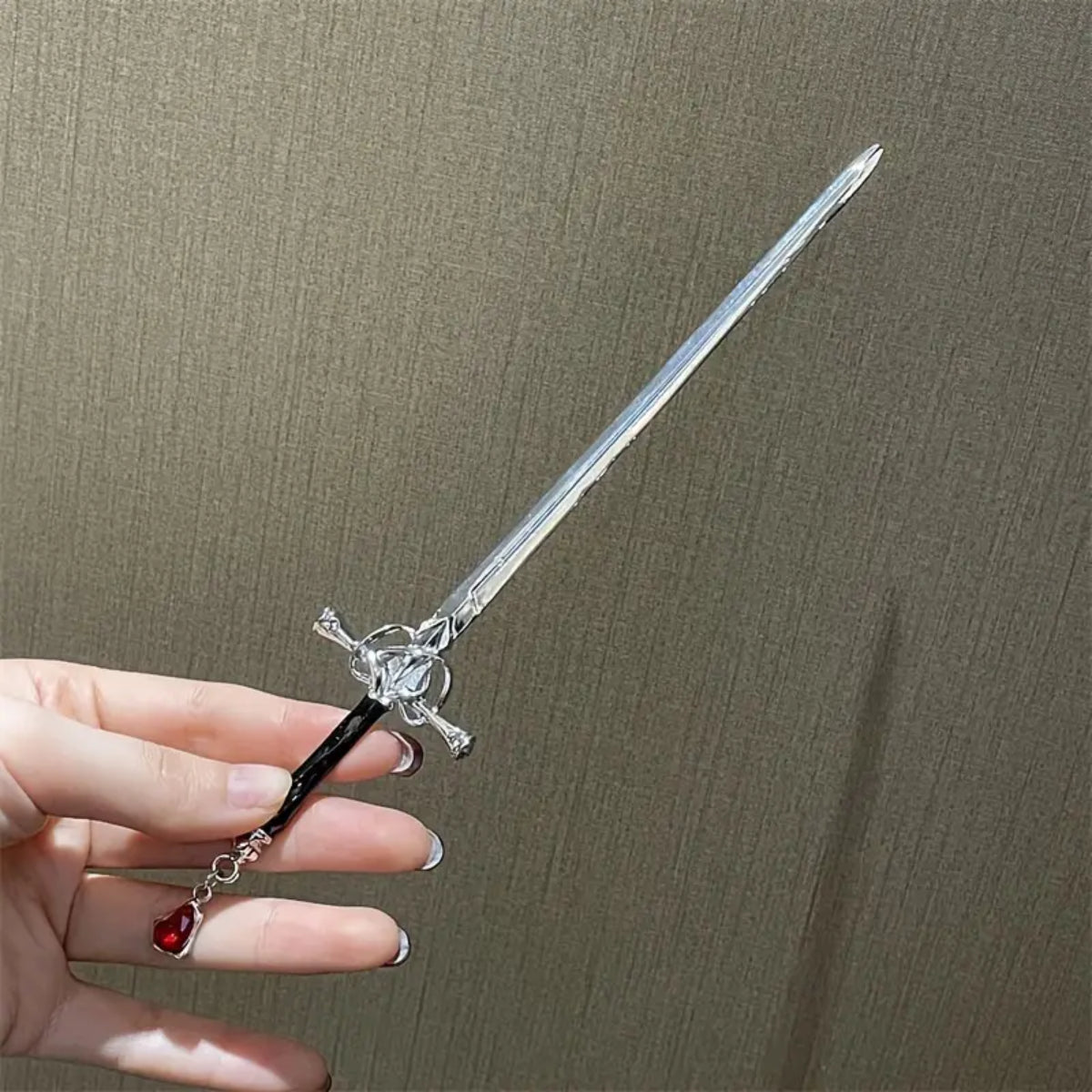 Crimson Blade Ruby Hair Pin – Gothic Silver Sword Hair Accessory