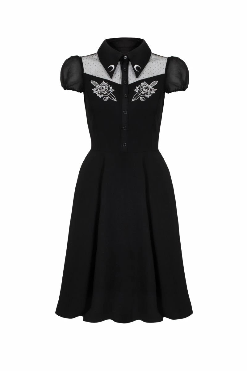Hell Bunny Roesia Gothic Skull Embroidered Polka Dot Dress