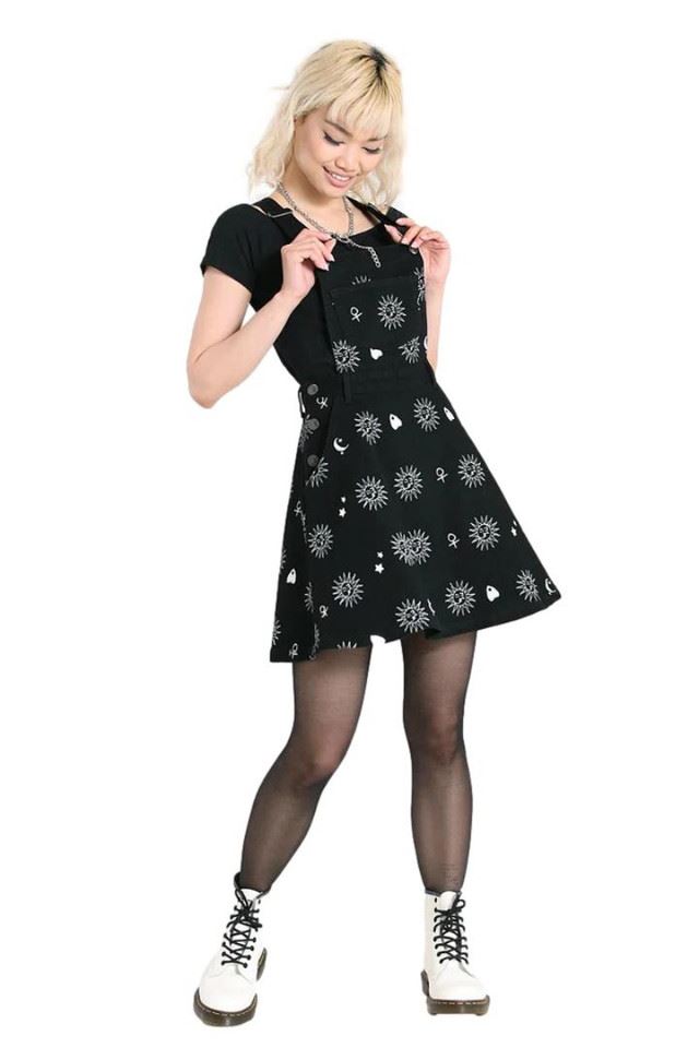 Hell Bunny Oculus Ouija Symbol Gothic Pinafore Denim Dress