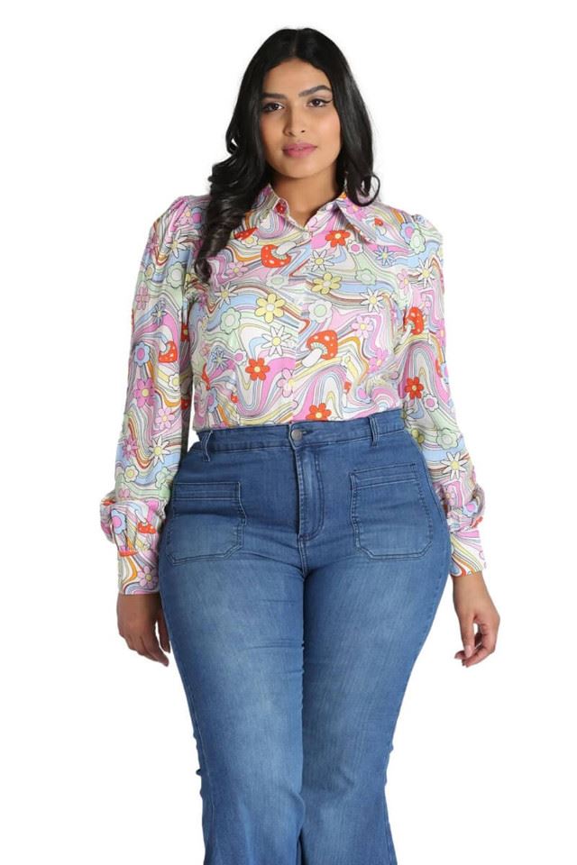 Hell Bunny Happy Daze Top Psychedelic Mushroom Flower Blouse