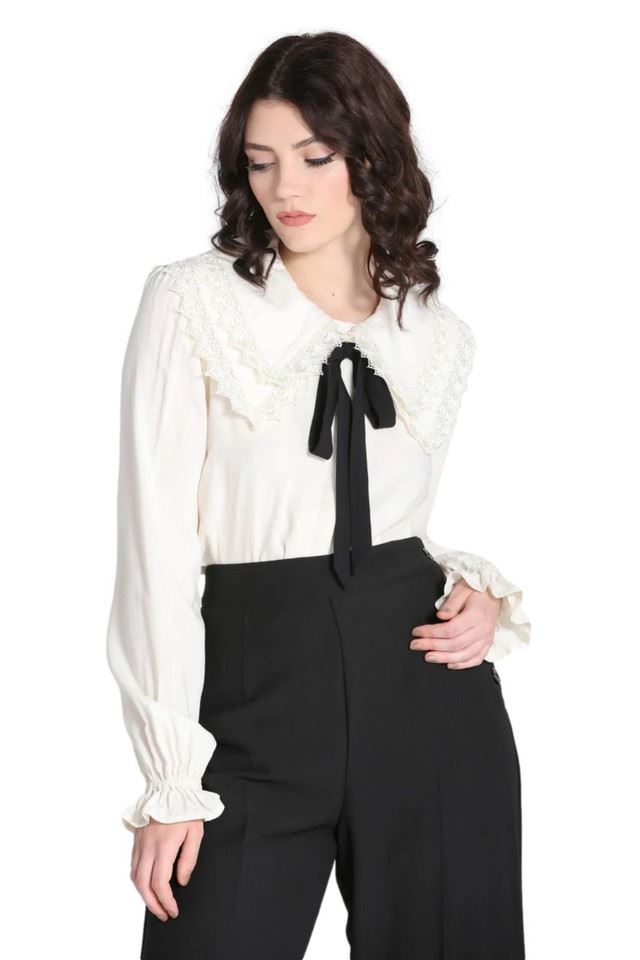 Hell Bunny Peyton Gothic Retro Semi Fitted Ivory Tie Blouse